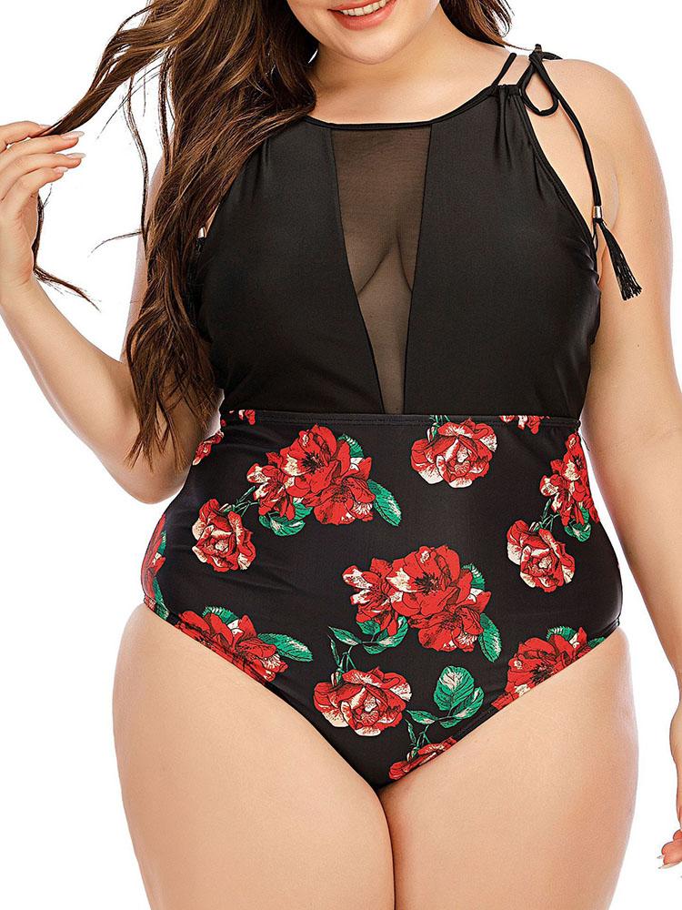 Mesh Stitching Printing Tie Strap One-piece Swimsuit - Plus Swimsuits - INS | Online Fashion Free Shipping Clothing, Dresses, Tops, Shoes - 22/04/2021 - 2204V3 - Color_Black