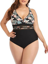 Mesh Waist Gathered Open Back Printed Swimsuit - Plus Swimsuits - INS | Online Fashion Free Shipping Clothing, Dresses, Tops, Shoes - 22/04/2021 - 2204V3 - Color_Black