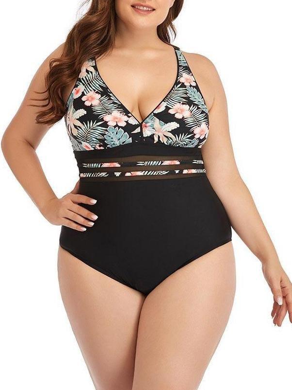 Mesh Waist Gathered Open Back Printed Swimsuit - Plus Swimsuits - INS | Online Fashion Free Shipping Clothing, Dresses, Tops, Shoes - 22/04/2021 - 2204V3 - Color_Black