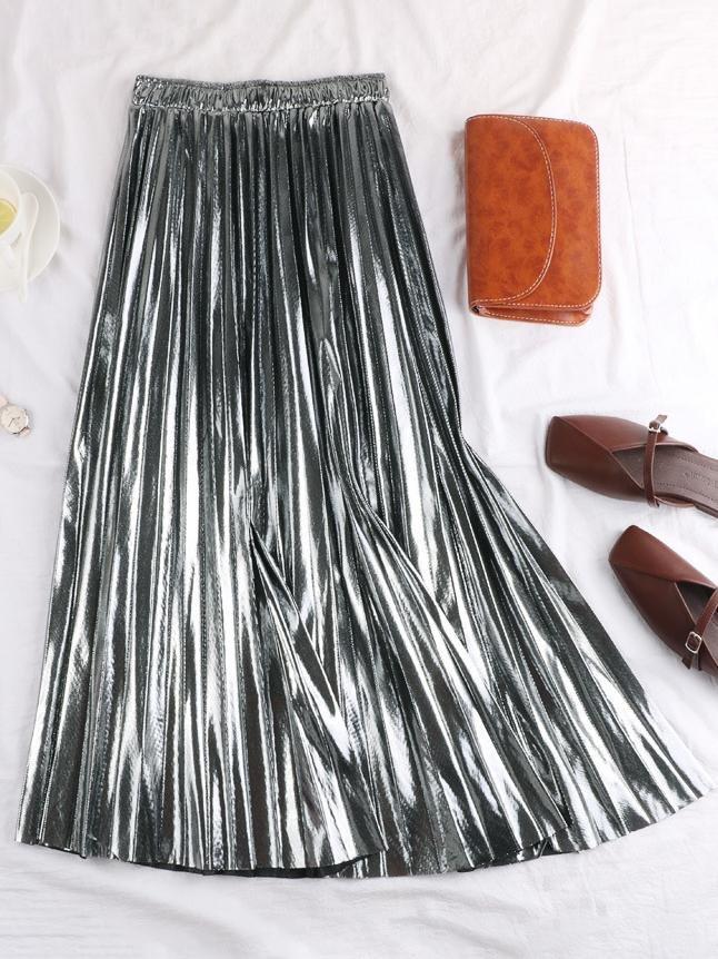 Metallic Reflective Fabric Midi Pleated Skirt - Skirt - INS | Online Fashion Free Shipping Clothing, Dresses, Tops, Shoes - 15/03/2021 - Black - Color_Black