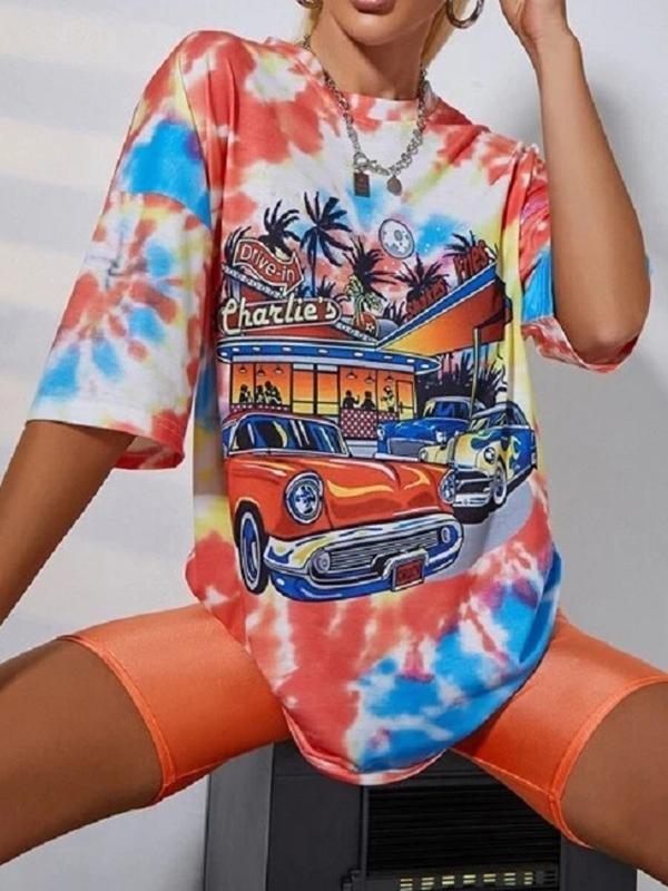 Mid-length Tie-dye Car Print Pullover Short-sleeved T-shirt - T-shirts - INS | Online Fashion Free Shipping Clothing, Dresses, Tops, Shoes - 13/05/2021 - 13052021 - 130521