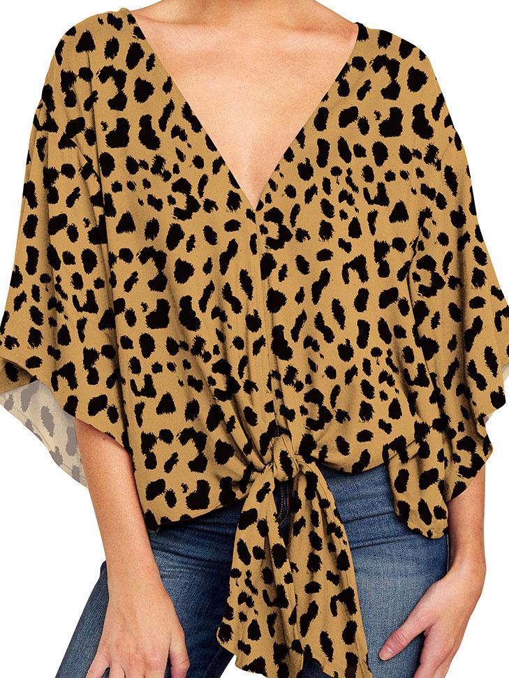 Mid-sleeve V-neck Leopard Print Knotted Top - Blouses - INS | Online Fashion Free Shipping Clothing, Dresses, Tops, Shoes - 08/06/2021 - BLO2106080051 - Blouses