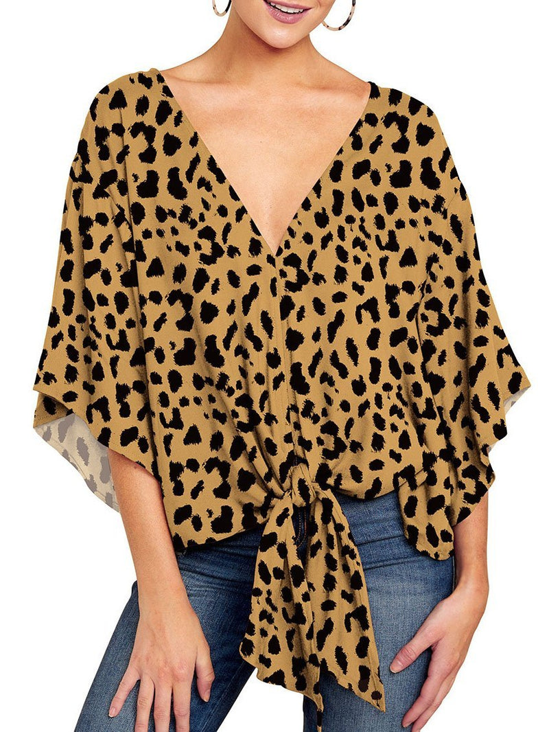 Mid-sleeve V-neck Leopard Print Knotted Top - Blouses - INS | Online Fashion Free Shipping Clothing, Dresses, Tops, Shoes - 08/06/2021 - BLO2106080051 - Blouses