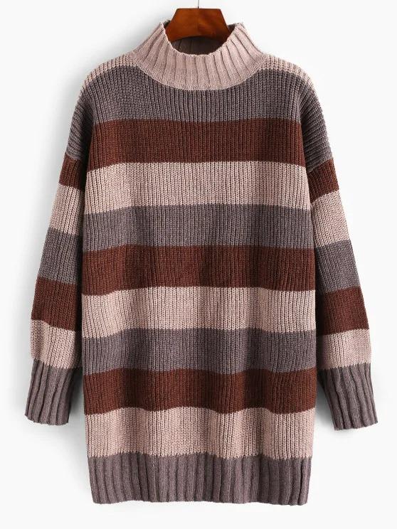 Mock Neck Colorblock Stripes Oversized Sweater - INS | Online Fashion Free Shipping Clothing, Dresses, Tops, Shoes