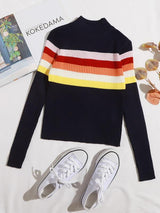 Mock Neck Colorful Striped Ribbed Knit Sweater - INS | Online Fashion Free Shipping Clothing, Dresses, Tops, Shoes