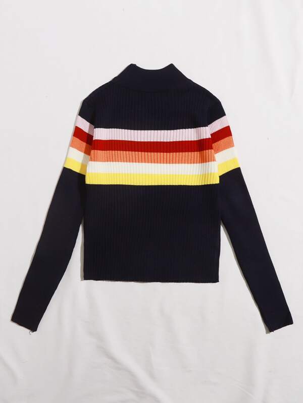 Mock Neck Colorful Striped Ribbed Knit Sweater - INS | Online Fashion Free Shipping Clothing, Dresses, Tops, Shoes