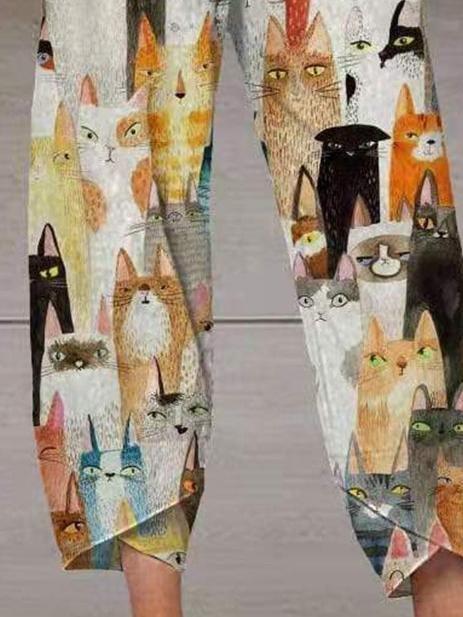 Multicolor Cat Print Casual Pocket Pants - Pants - INS | Online Fashion Free Shipping Clothing, Dresses, Tops, Shoes - 15/06/2021 - Bottom - Category_Pants