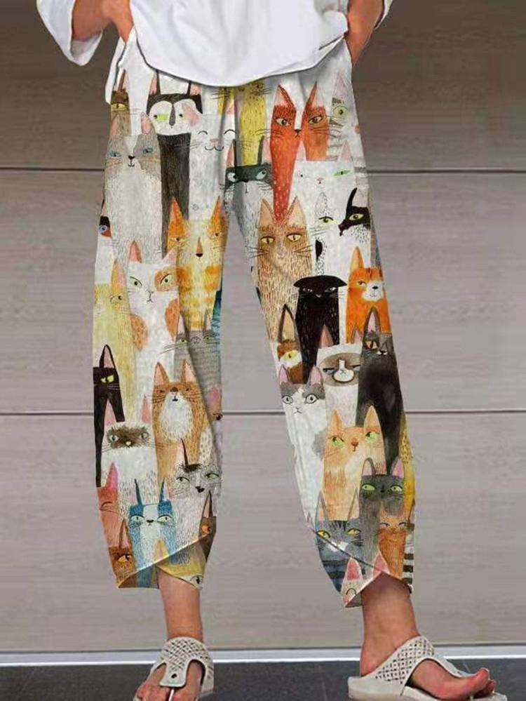 Multicolor Cat Print Casual Pocket Pants - Pants - INS | Online Fashion Free Shipping Clothing, Dresses, Tops, Shoes - 15/06/2021 - Bottom - Category_Pants