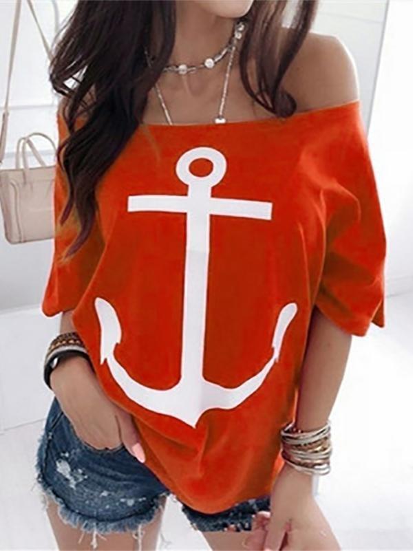 Navy-style Loose One-shoulder Bat Shirt Print T-shirt - T-shirts - INS | Online Fashion Free Shipping Clothing, Dresses, Tops, Shoes - 13/05/2021 - 130521 - Color_Red