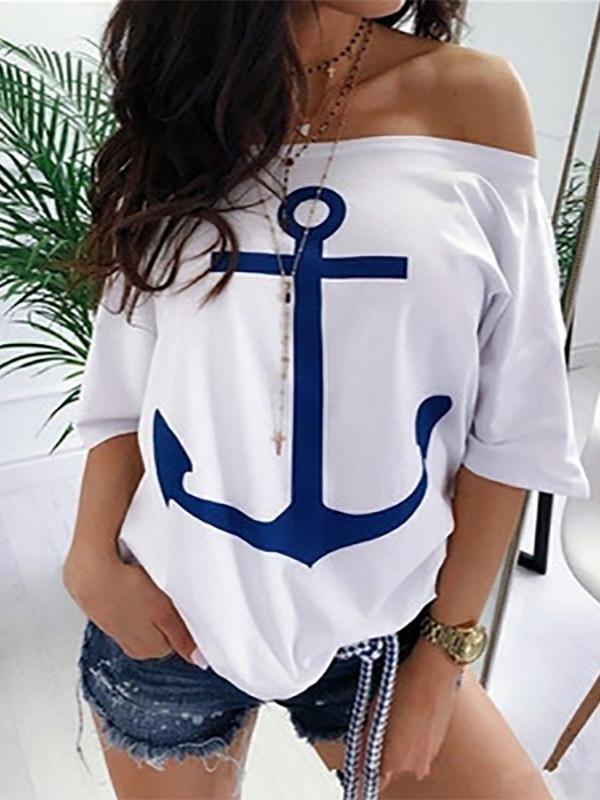 Navy-style Loose One-shoulder Bat Shirt Print T-shirt - T-shirts - INS | Online Fashion Free Shipping Clothing, Dresses, Tops, Shoes - 13/05/2021 - 130521 - Color_Red