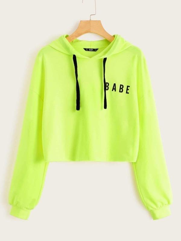 Neon Lime Letter Graphic Drawstring Hoodie - Sweatshirts - INS | Online Fashion Free Shipping Clothing, Dresses, Tops, Shoes - Casual - Color_Green - GMC-All Under $15