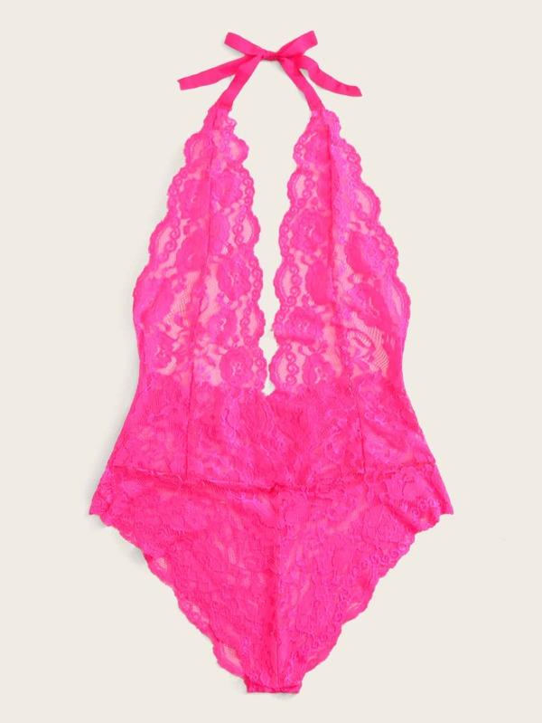 Neon Pink Floral Lace Sheer Teddy Bodysuit - INS | Online Fashion Free Shipping Clothing, Dresses, Tops, Shoes