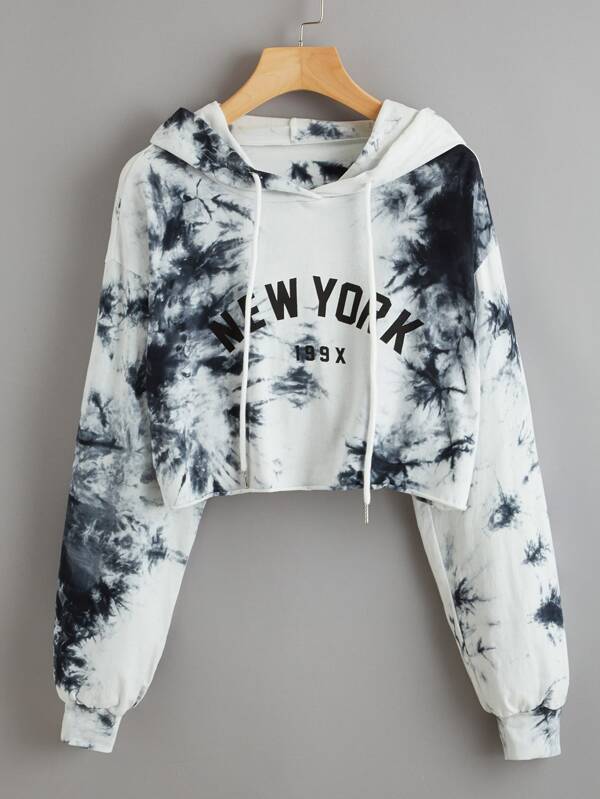 New York Graphic Tie-Dye Cropped Hoodie - INS | Online Fashion Free Shipping Clothing, Dresses, Tops, Shoes