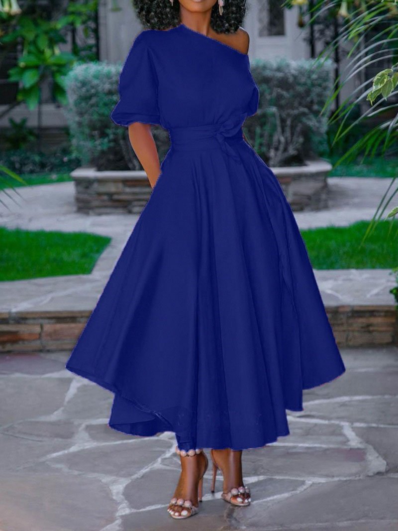Oblique Shoulder Strap Waist Solid Dress - Maxi Dresses - INS | Online Fashion Free Shipping Clothing, Dresses, Tops, Shoes - 17/07/2021 - 30-40 - color-blue