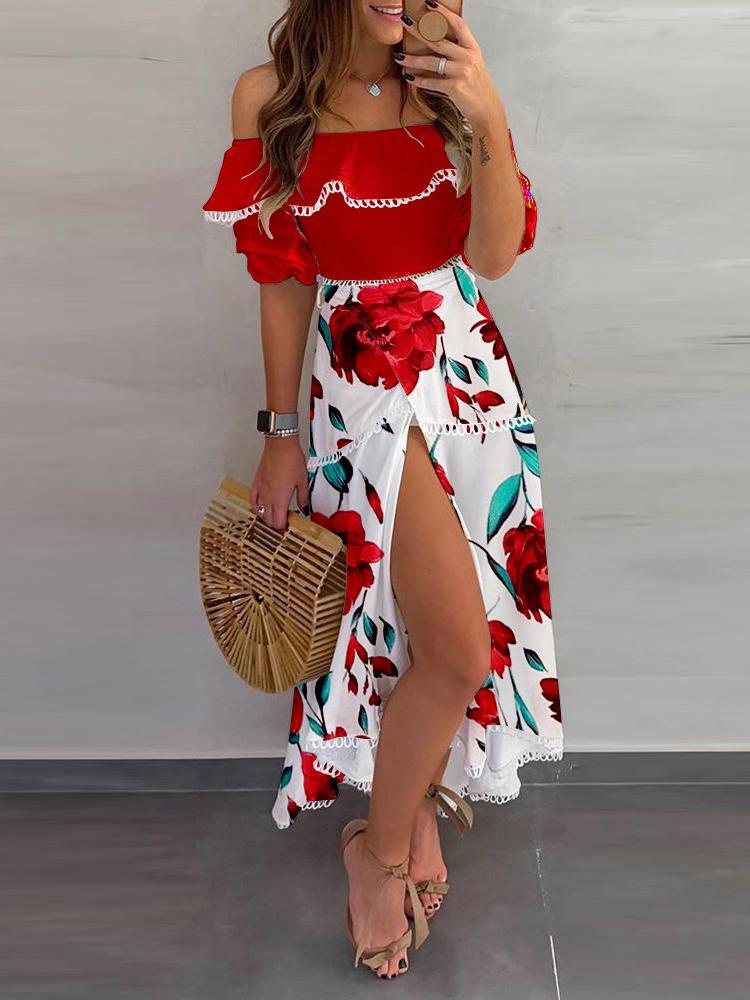 Off Shoulder Floral Print Scallop Trim Top & High Slit Skirt Set - Sets - INS | Online Fashion Free Shipping Clothing, Dresses, Tops, Shoes - 29/04/2021 - Category_Sets - Color_Red