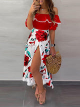 Off Shoulder Floral Print Scallop Trim Top & High Slit Skirt Set - Sets - INS | Online Fashion Free Shipping Clothing, Dresses, Tops, Shoes - 29/04/2021 - Category_Sets - Color_Red