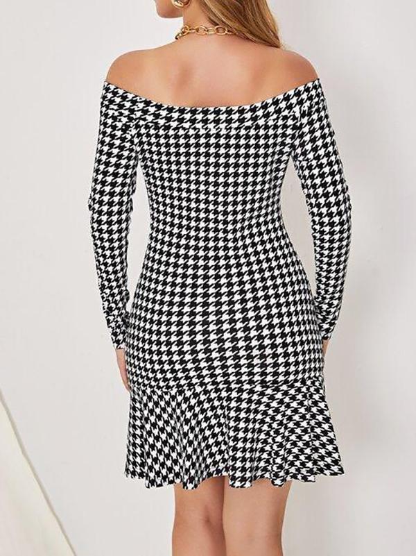 Off Shoulder Flounce Hem Houndstooth Dress Without Belt - Dresses - INS | Online Fashion Free Shipping Clothing, Dresses, Tops, Shoes - 01/28/2021 - Black - Bodycon Dresses