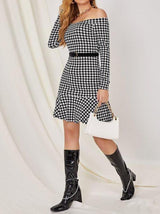 Off Shoulder Flounce Hem Houndstooth Dress Without Belt - Dresses - INS | Online Fashion Free Shipping Clothing, Dresses, Tops, Shoes - 01/28/2021 - Black - Bodycon Dresses