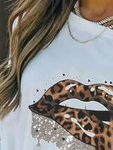 Off Shoulder Leopard Lips Print Long Sleeve Loose T-shirt - T-shirts - INS | Online Fashion Free Shipping Clothing, Dresses, Tops, Shoes - 10-20 - 12/07/2021 - color-white