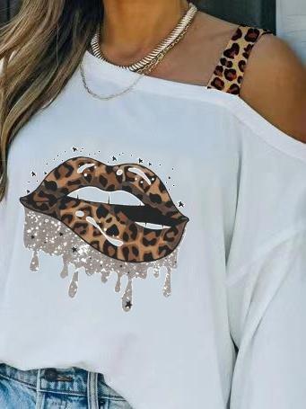 Off Shoulder Leopard Lips Print Long Sleeve Loose T-shirt - T-shirts - INS | Online Fashion Free Shipping Clothing, Dresses, Tops, Shoes - 10-20 - 12/07/2021 - color-white