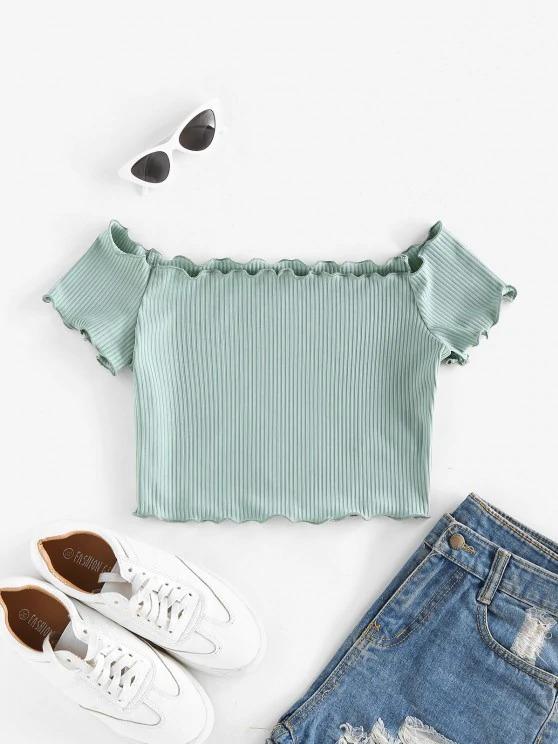 Off Shoulder Lettuce Trim Crop Tee - INS | Online Fashion Free Shipping Clothing, Dresses, Tops, Shoes