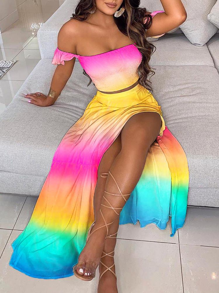 Off Shoulder Ombre Colorblock Top & High Slit Maxi Skirt Sets - Two-piece Outfits - INS | Online Fashion Free Shipping Clothing, Dresses, Tops, Shoes - 29/04/2021 - Color_Multicolor - Occasion_Vacation