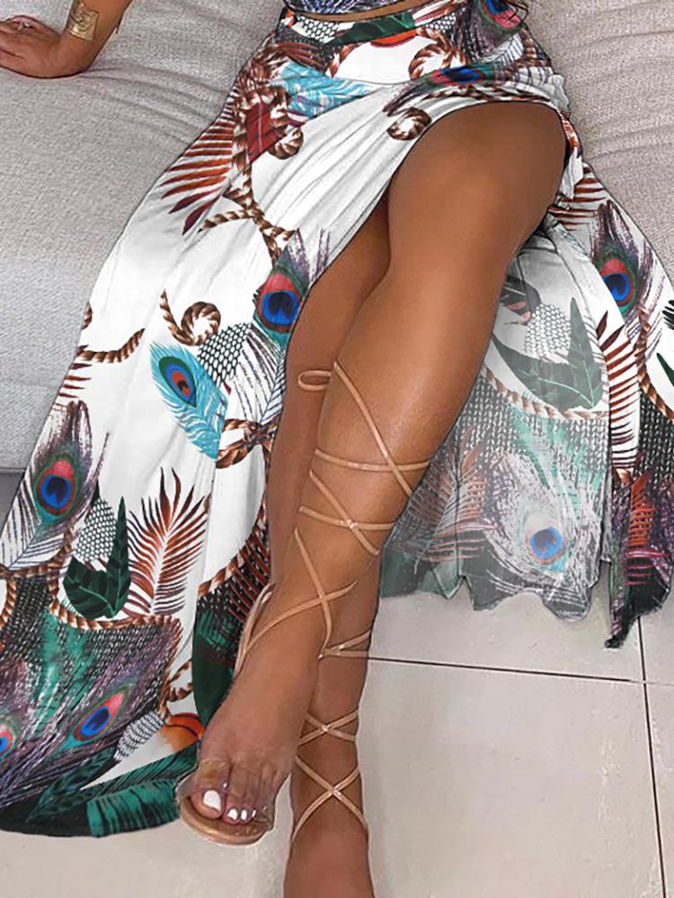Off Shoulder Peacock Print Top & High Slit Maxi Skirt Sets - Two-piece Outfits - INS | Online Fashion Free Shipping Clothing, Dresses, Tops, Shoes - 29/04/2021 - Color_Multicolor - Maxi Dresses