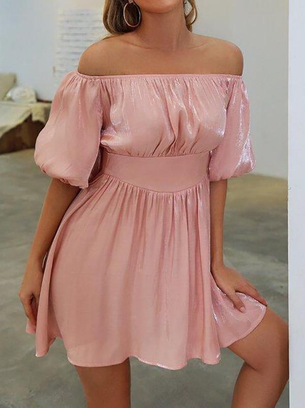 Off Shoulder Puff Sleeve Glitter Dress - Dresses - INS | Online Fashion Free Shipping Clothing, Dresses, Tops, Shoes - 01/27/2021 - Color_Pink - Dresses