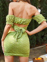 Off Shoulder Puff Sleeve Smocked Top & Drawstring Skirt Set - Two-piece Outfits - INS | Online Fashion Free Shipping Clothing, Dresses, Tops, Shoes - 24/04/2021 - 2404V3 - Color_Lime Green