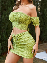 Off Shoulder Puff Sleeve Smocked Top & Drawstring Skirt Set - Two-piece Outfits - INS | Online Fashion Free Shipping Clothing, Dresses, Tops, Shoes - 24/04/2021 - 2404V3 - Color_Lime Green