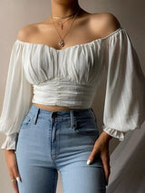 Off Shoulder Ruched Lantern Sleeve Crop Top - Blouses - INS | Online Fashion Free Shipping Clothing, Dresses, Tops, Shoes - 29/04/2021 - BLO210429039 - Blouses
