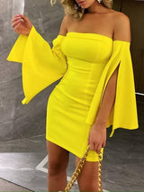 Off Shoulder Split Bell Sleeve Dress - Dresses - INS | Online Fashion Free Shipping Clothing, Dresses, Tops, Shoes - Color_White - Color_Yellow - Date Night