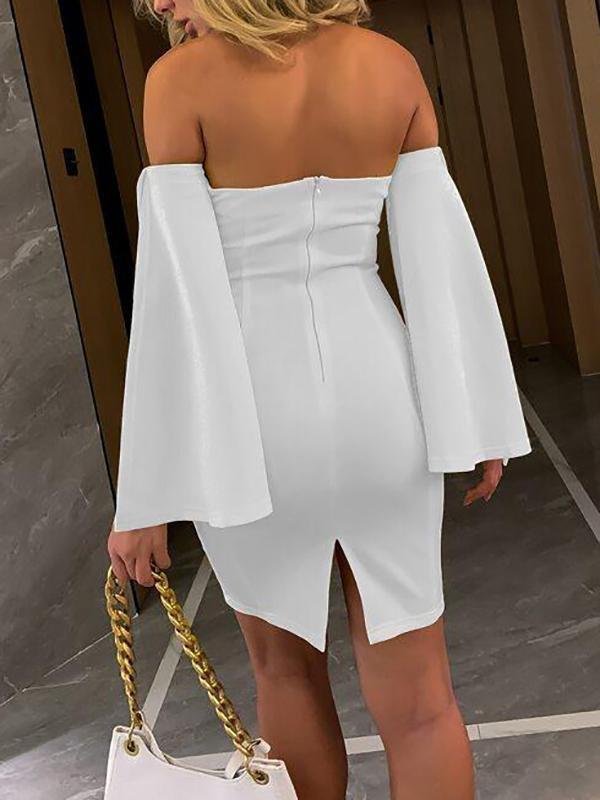 Off Shoulder Split Bell Sleeve Dress - Dresses - INS | Online Fashion Free Shipping Clothing, Dresses, Tops, Shoes - Color_White - Color_Yellow - Date Night