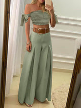 Off Shoulder Tied Detail Crop Top & Wide Leg Ruched Pants Set - Two-piece Outfits - INS | Online Fashion Free Shipping Clothing, Dresses, Tops, Shoes - 05/05/2021 - Color_Green - SET210505037