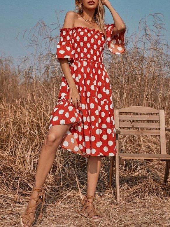 Off-the-shoulder Polka Dot Print Elasticity Midi Dress - Midi Dresses - INS | Online Fashion Free Shipping Clothing, Dresses, Tops, Shoes - 04/13/2021 - Colour_Red - DRE210412754