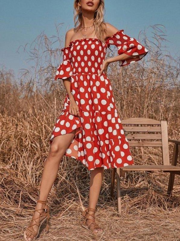 Off-the-shoulder Polka Dot Print Elasticity Midi Dress - Midi Dresses - INS | Online Fashion Free Shipping Clothing, Dresses, Tops, Shoes - 04/13/2021 - Colour_Red - DRE210412754