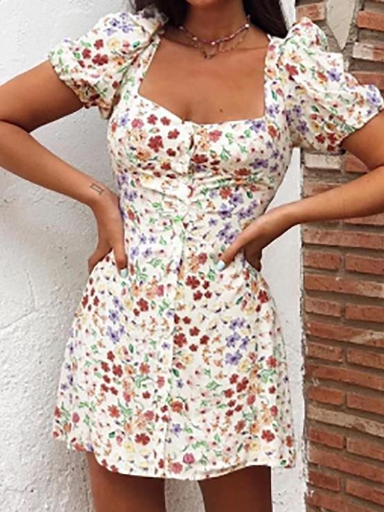 Oil Painting Print Square Neck Puff Sleeve Pleated Sweet Dress - Mini Dresses - INS | Online Fashion Free Shipping Clothing, Dresses, Tops, Shoes - 18/06/2021 - 20-30 - Category_Mini Dresses