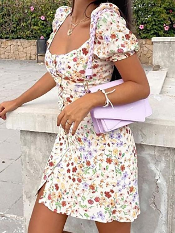 Oil Painting Print Square Neck Puff Sleeve Pleated Sweet Dress - Mini Dresses - INS | Online Fashion Free Shipping Clothing, Dresses, Tops, Shoes - 18/06/2021 - 20-30 - Category_Mini Dresses