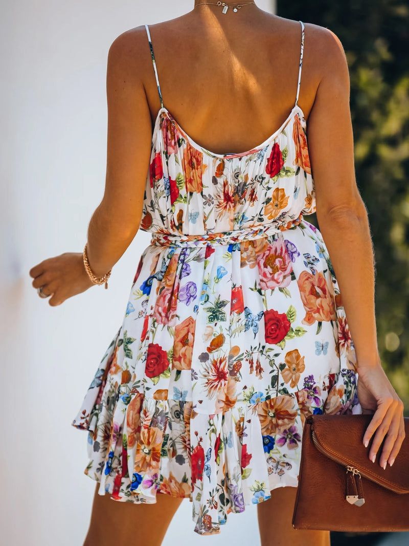 One-Line Collar Floral Ruffled Mini Dress - Mini Dresses - INS | Online Fashion Free Shipping Clothing, Dresses, Tops, Shoes - 18/06/2021 - 20-30 - Category_Mini Dresses