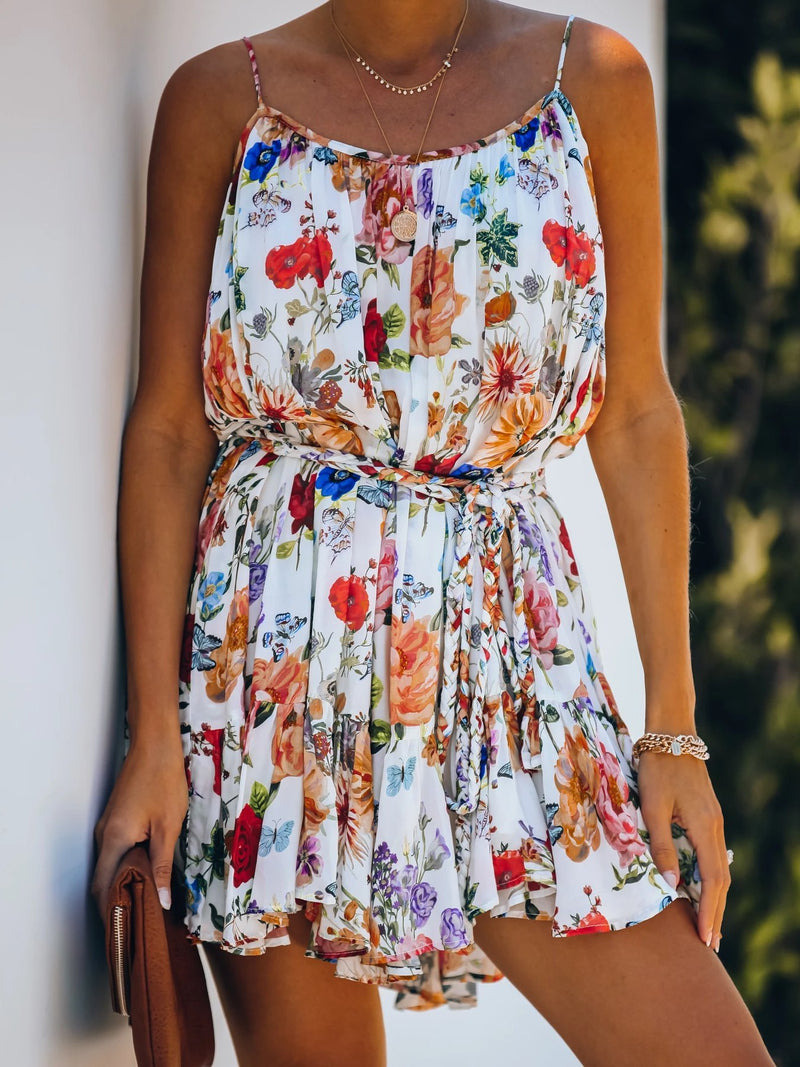 One-Line Collar Floral Ruffled Mini Dress - Mini Dresses - INS | Online Fashion Free Shipping Clothing, Dresses, Tops, Shoes - 18/06/2021 - 20-30 - Category_Mini Dresses