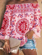 One-line Neck Floral Print Long-sleeved Top - Blouses - INS | Online Fashion Free Shipping Clothing, Dresses, Tops, Shoes - 07/06/2021 - Blouses - Color_Blue