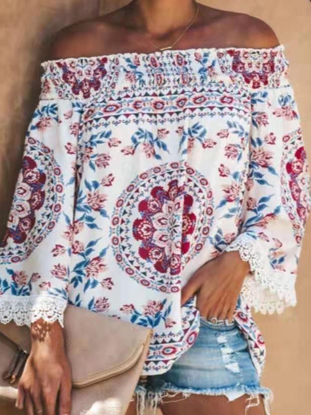 One-line Neck Floral Print Long-sleeved Top - Blouses - INS | Online Fashion Free Shipping Clothing, Dresses, Tops, Shoes - 07/06/2021 - Blouses - Color_Blue