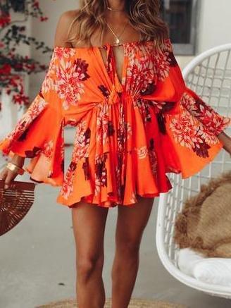 One-line Neck Long Sleeve Printed Dress - Mini Dresses - INS | Online Fashion Free Shipping Clothing, Dresses, Tops, Shoes - 19/06/2021 - 30-40 - color-orange