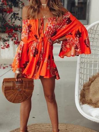 One-line Neck Long Sleeve Printed Dress - Mini Dresses - INS | Online Fashion Free Shipping Clothing, Dresses, Tops, Shoes - 19/06/2021 - 30-40 - color-orange