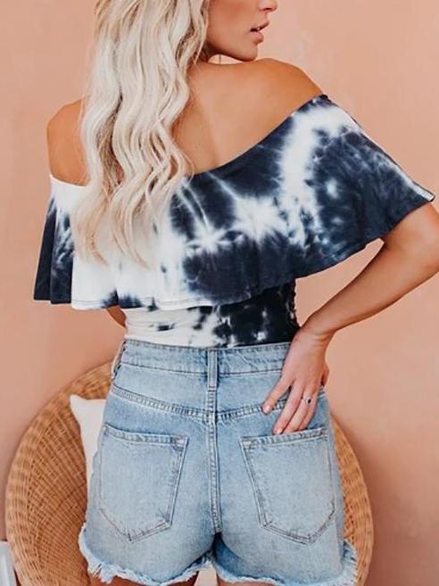 One-line Neck Strapless Tie-dye Short-sleeved Top - T-shirts - INS | Online Fashion Free Shipping Clothing, Dresses, Tops, Shoes - 12/05/2021 - 120521 - Color_Navy Blue