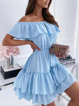 One-neck Off-shoulder Ruffled Dress - Mini Dresses - INS | Online Fashion Free Shipping Clothing, Dresses, Tops, Shoes - 08/06/2021 - Color_Blue - Color_Pink