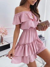 One-neck Off-shoulder Ruffled Dress - Mini Dresses - INS | Online Fashion Free Shipping Clothing, Dresses, Tops, Shoes - 08/06/2021 - Color_Blue - Color_Pink