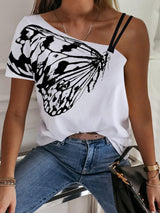One Shoulder Butterfly Print Casual T-shirt - T-Shirts - INS | Online Fashion Free Shipping Clothing, Dresses, Tops, Shoes - 27/04/2021 - Color_White - Neckline_One Shoulder