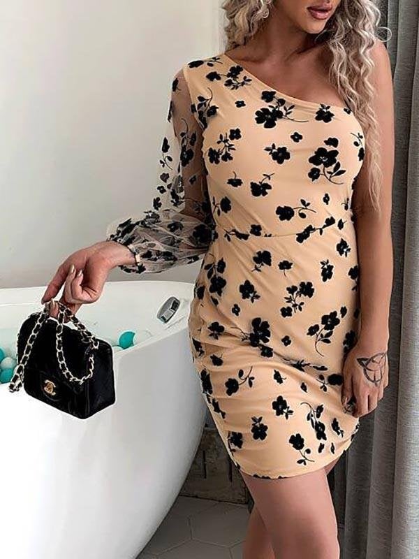 One Shoulder Floral Mesh Dress - Dresses - INS | Online Fashion Free Shipping Clothing, Dresses, Tops, Shoes - 02//03/2021 - Apricot - Bodycon Dresses
