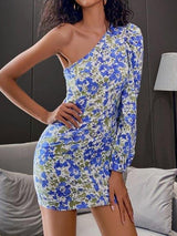 One Shoulder Floral Print Dress - Dresses - INS | Online Fashion Free Shipping Clothing, Dresses, Tops, Shoes - 01/27/2021 - Blue - Color_Blue